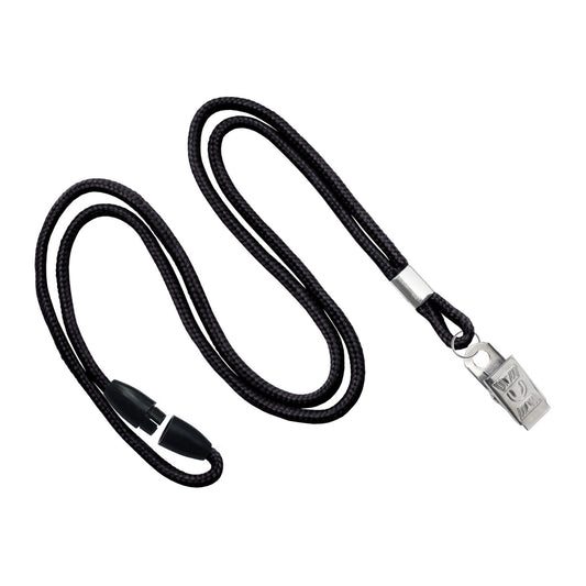Black round 1/8 inch breakaway lanyard with nickel-plated steel bulldog clip, SKU 2137-2011