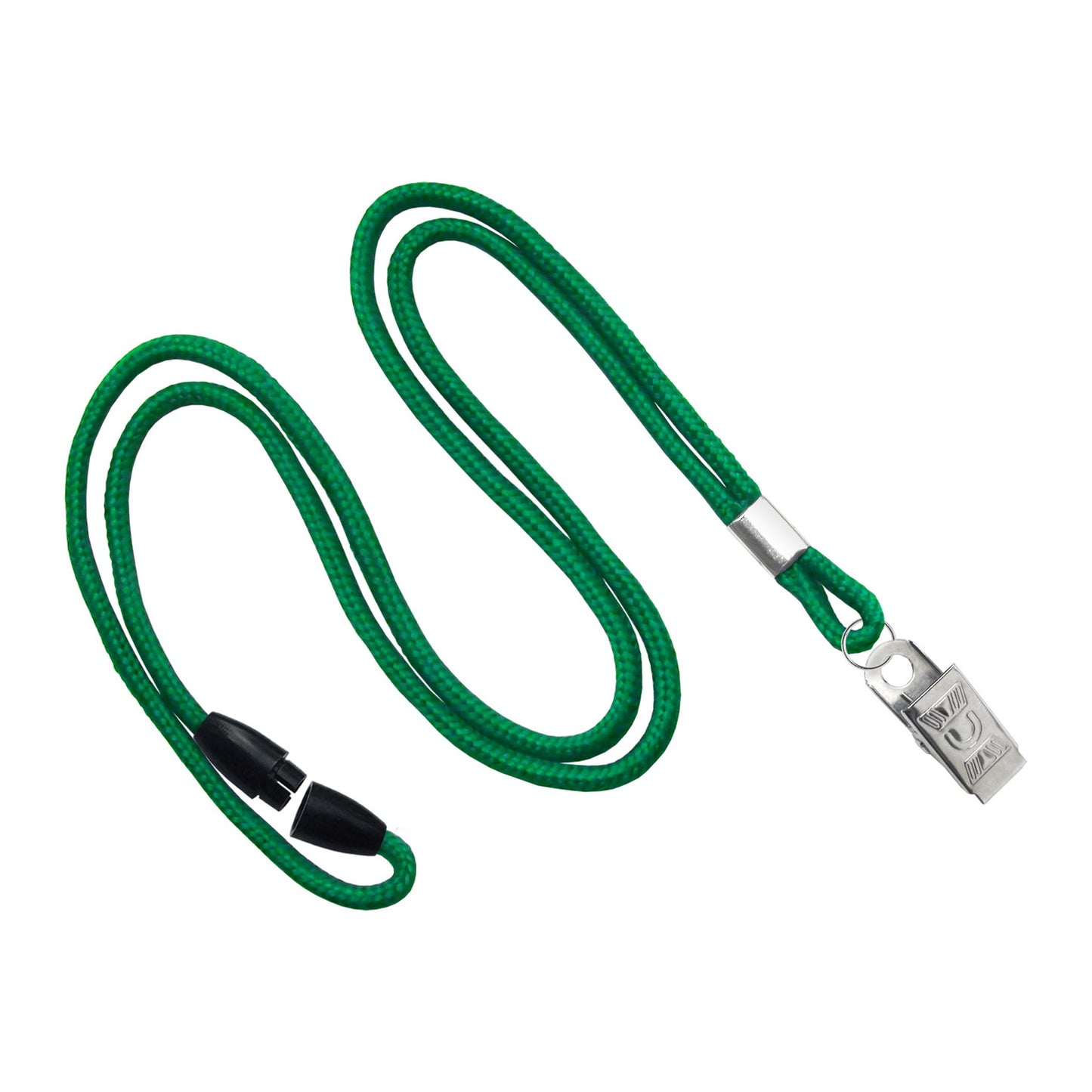 Green round 1/8 inch breakaway lanyard with nickel-plated steel bulldog clip, SKU 2137-2014