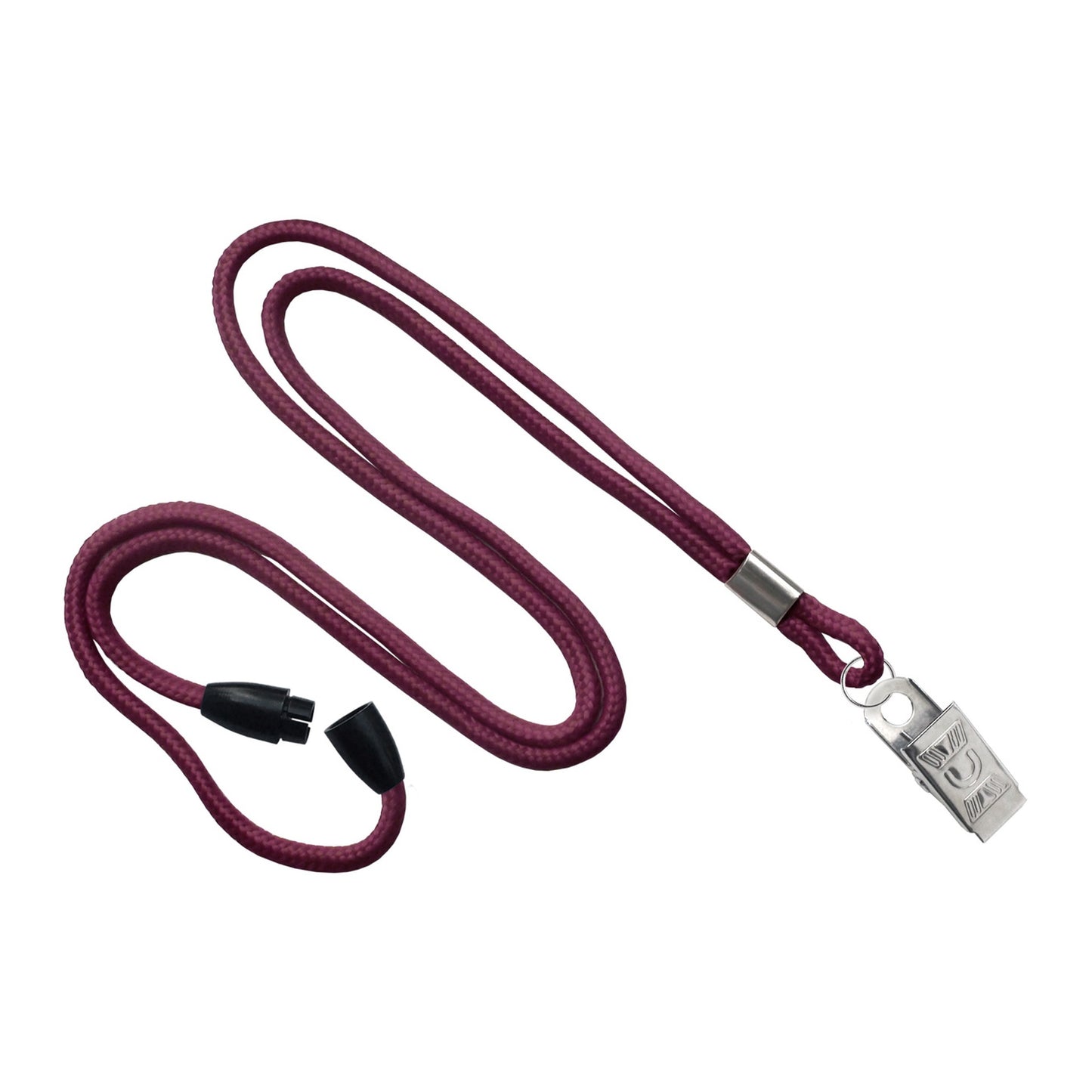 Maroon round 1/8 inch breakaway lanyard with nickel-plated steel bulldog clip, SKU 2137-2017