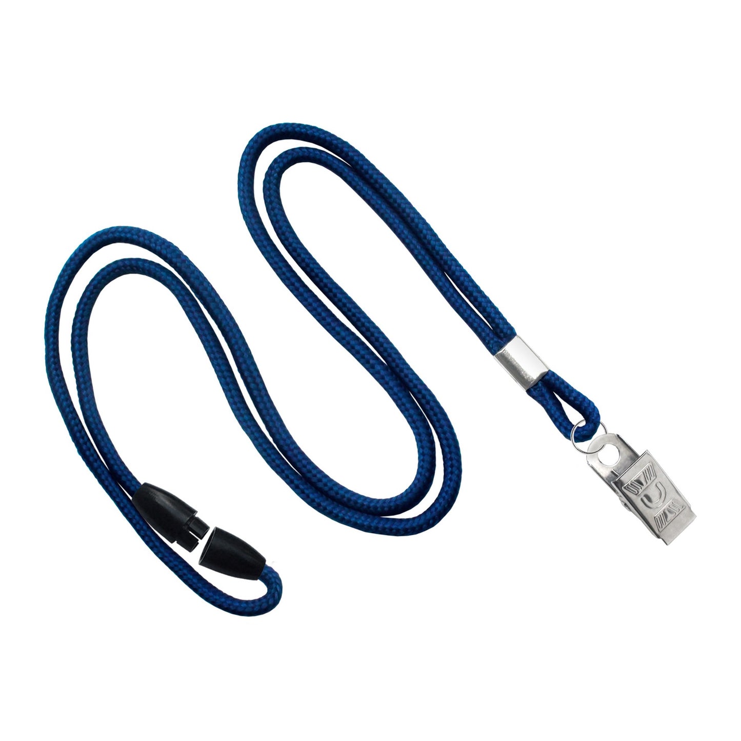 Navy Blue round 1/8 inch breakaway lanyard with nickel-plated steel bulldog clip, SKU 2137-2013