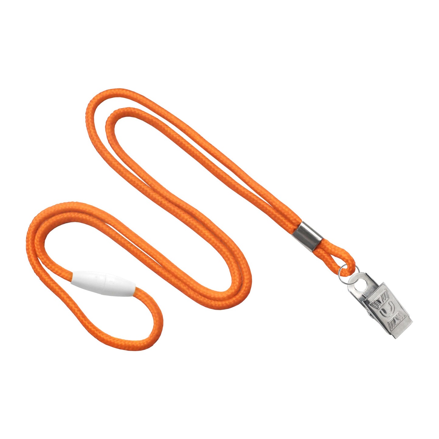 Orange round 1/8 inch breakaway lanyard with nickel-plated steel bulldog clip, SKU 2137-2015