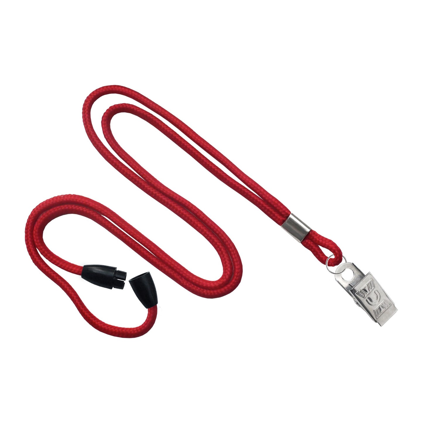 Red round 1/8 inch breakaway lanyard with nickel-plated steel bulldog clip, SKU 2137-2016
