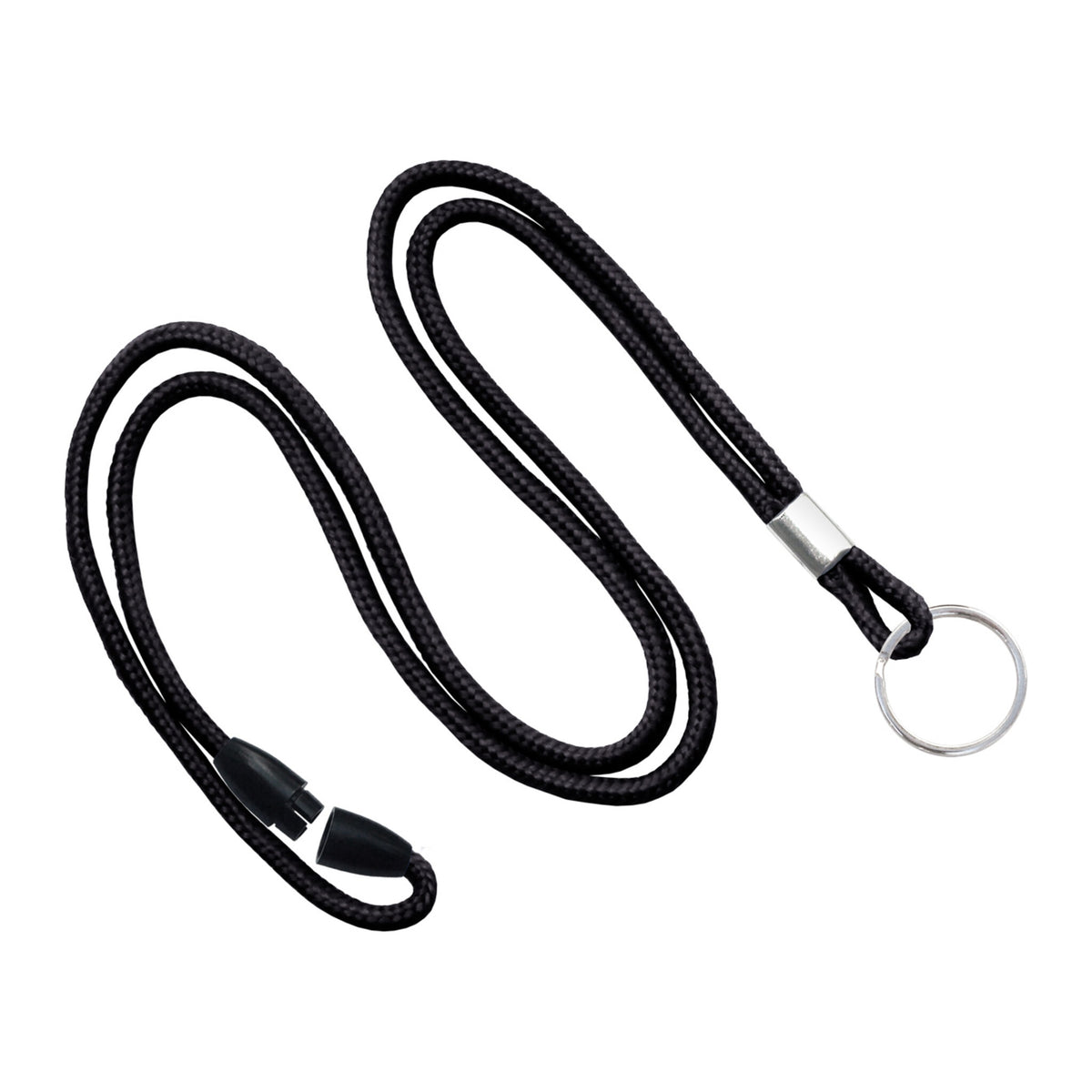 2137-2021 Black - Black round 1/8 inch breakaway lanyard with nickel-plated steel key ring, SKU 2137-2021