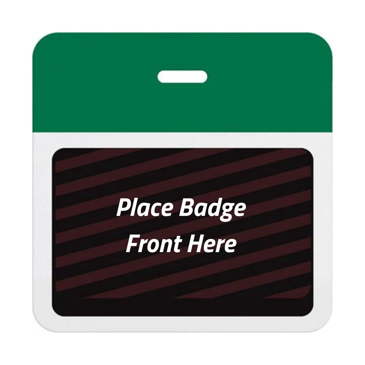 Self-expiring badge back with plain green header bar, slot punch, and black backing printed Place Badge Front Here, part T5905A
