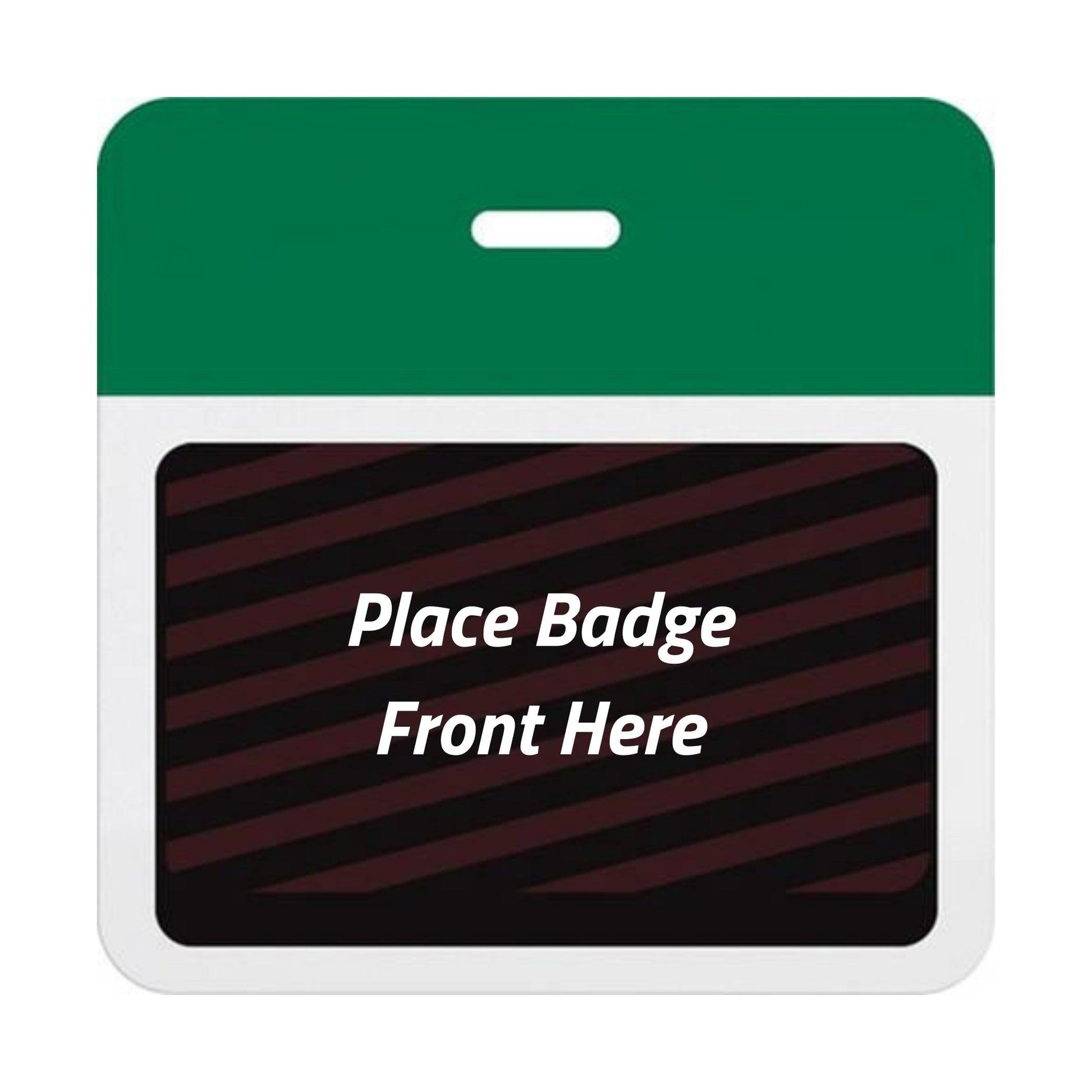 Self-expiring badge back with plain green header bar, slot punch, and black backing printed Place Badge Front Here, part T5905A