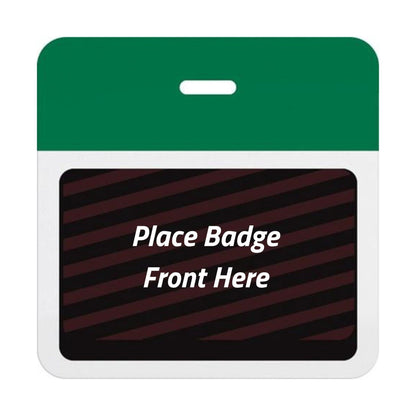 Self-expiring badge back with plain green header bar, slot punch, and black backing printed Place Badge Front Here, part T5905A