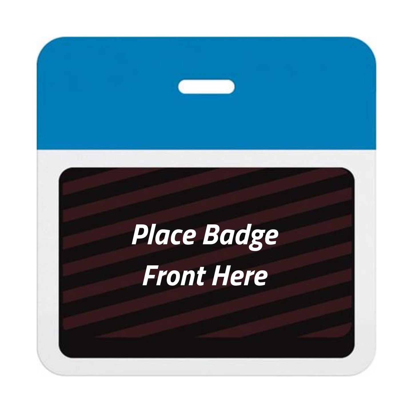 Self-expiring badge back with plain process blue header bar, slot punch, and black backing printed Place Badge Front Here, part T5906A