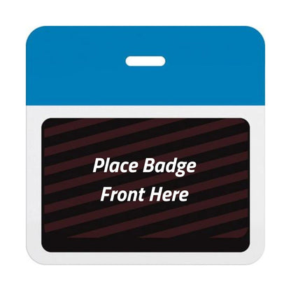 Self-expiring badge back with plain process blue header bar, slot punch, and black backing printed Place Badge Front Here, part T5906A