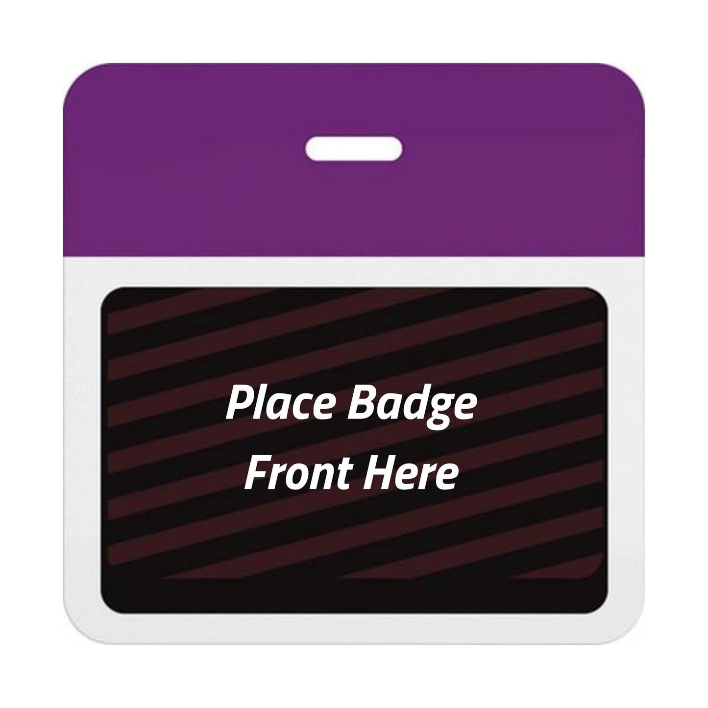 Self-expiring badge back with plain purple header bar, slot punch, and black backing printed Place Badge Front Here, part T5907A