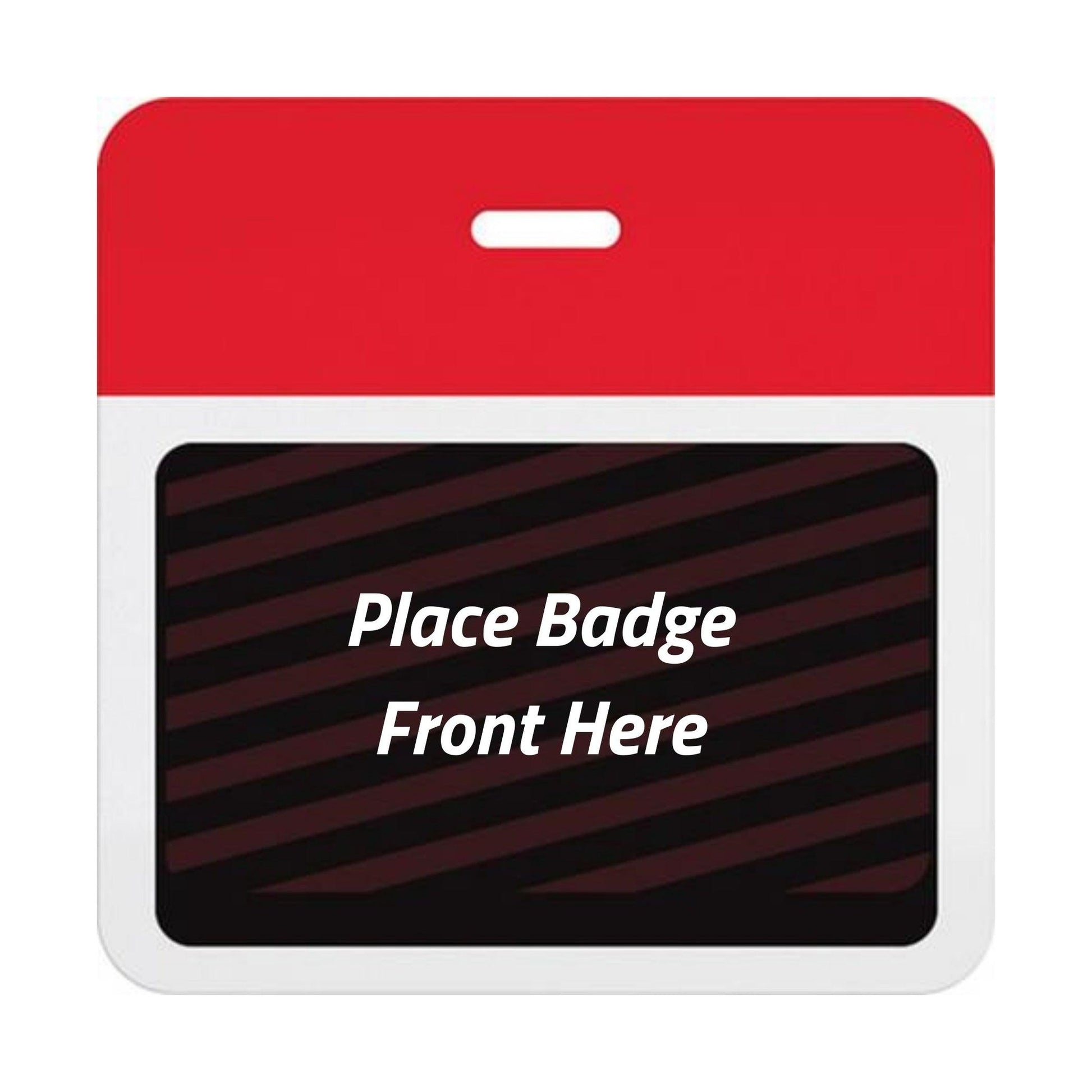 Self-expiring badge back with plain red header bar, slot punch, and black backing printed Place Badge Front Here, part T5903A