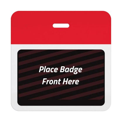Self-expiring badge back with plain red header bar, slot punch, and black backing printed Place Badge Front Here, part T5903A