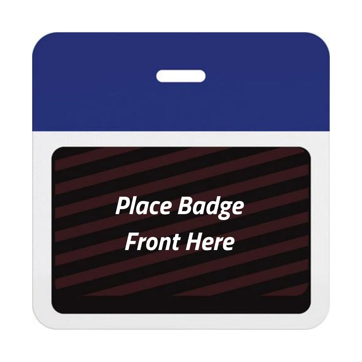 Self-expiring badge back with plain reflex blue header bar, slot punch, and black backing printed Place Badge Front Here, part T5904A