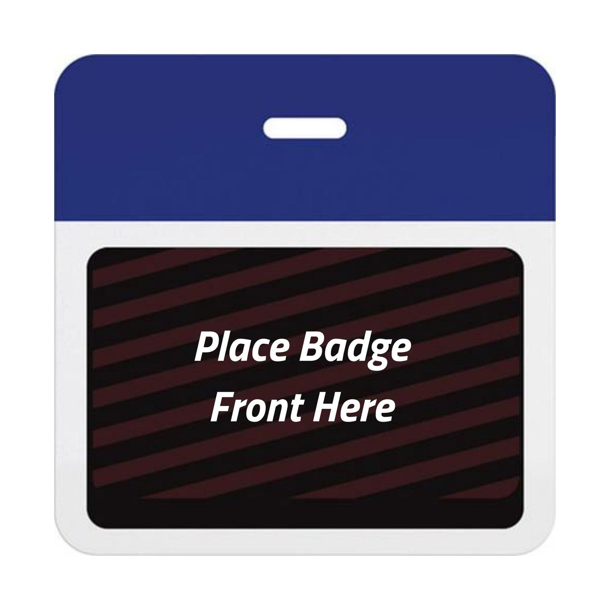 Self-expiring badge back with plain reflex blue header bar, slot punch, and black backing printed Place Badge Front Here, part T5904A