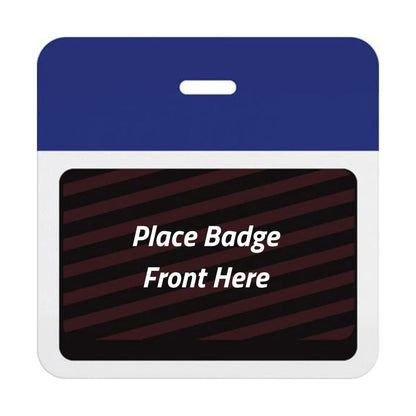 Self-expiring badge back with plain reflex blue header bar, slot punch, and black backing printed Place Badge Front Here, part T5904A