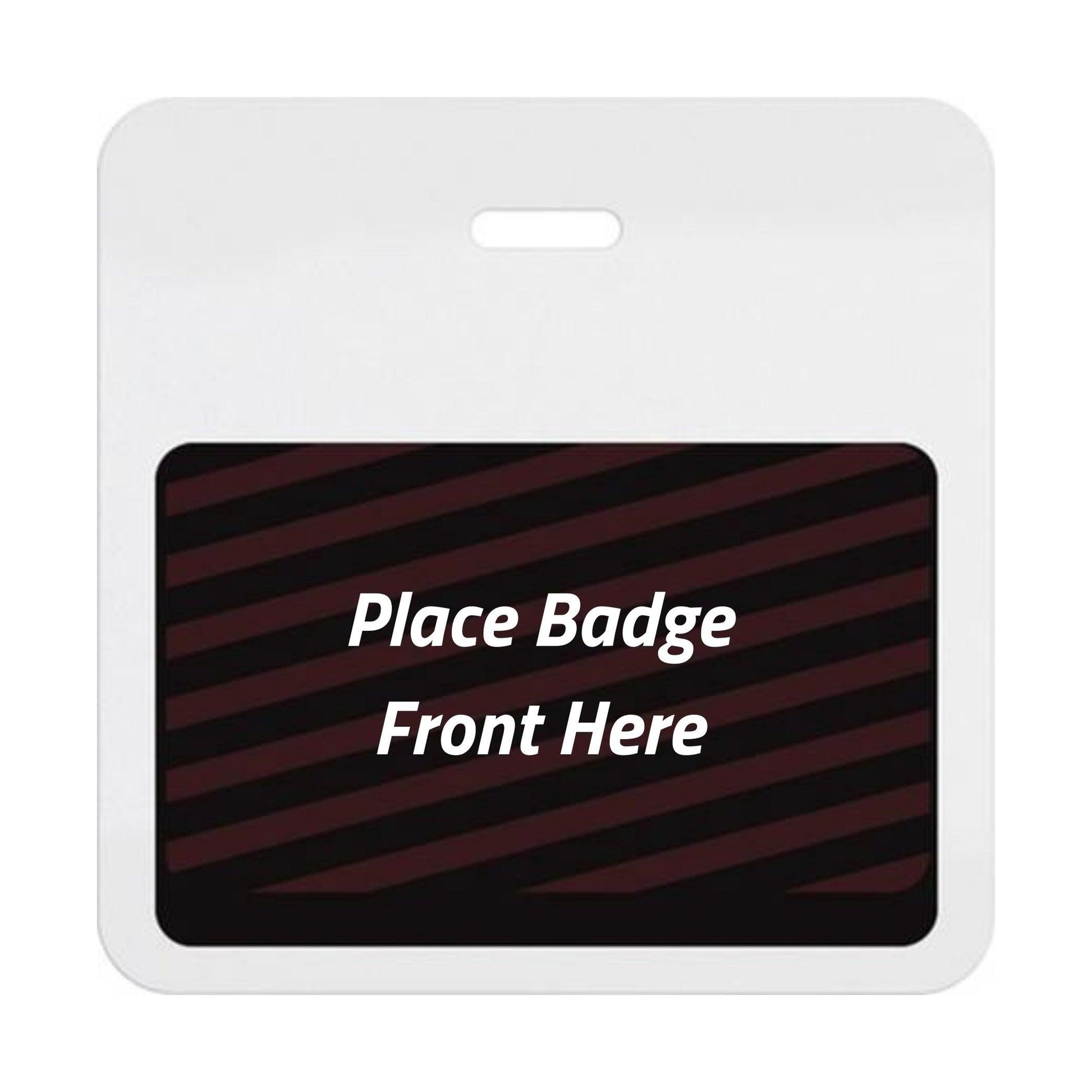 Self-expiring badge back in plain white with no header bar, slot punch, and black backing printed Place Badge Front Here, part T6027A