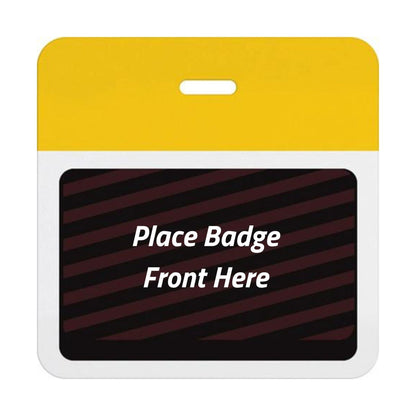 Self-expiring badge back with plain yellow header bar, slot punch, and black backing printed Place Badge Front Here, part T5902A