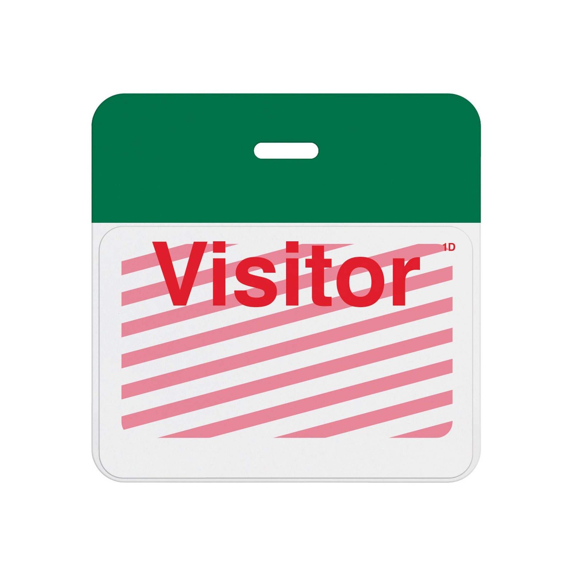 Expired self-expiring badge with green header bar showing red diagonal stripes across the printed Visitor front, T5905A back assembled with T6103 front