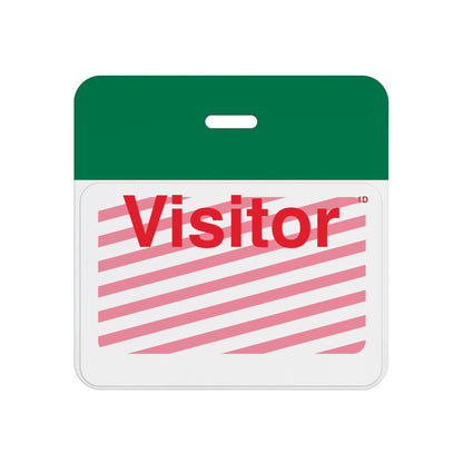 Expired self-expiring badge with green header bar showing red diagonal stripes across the printed Visitor front, T5905A back assembled with T6103 front