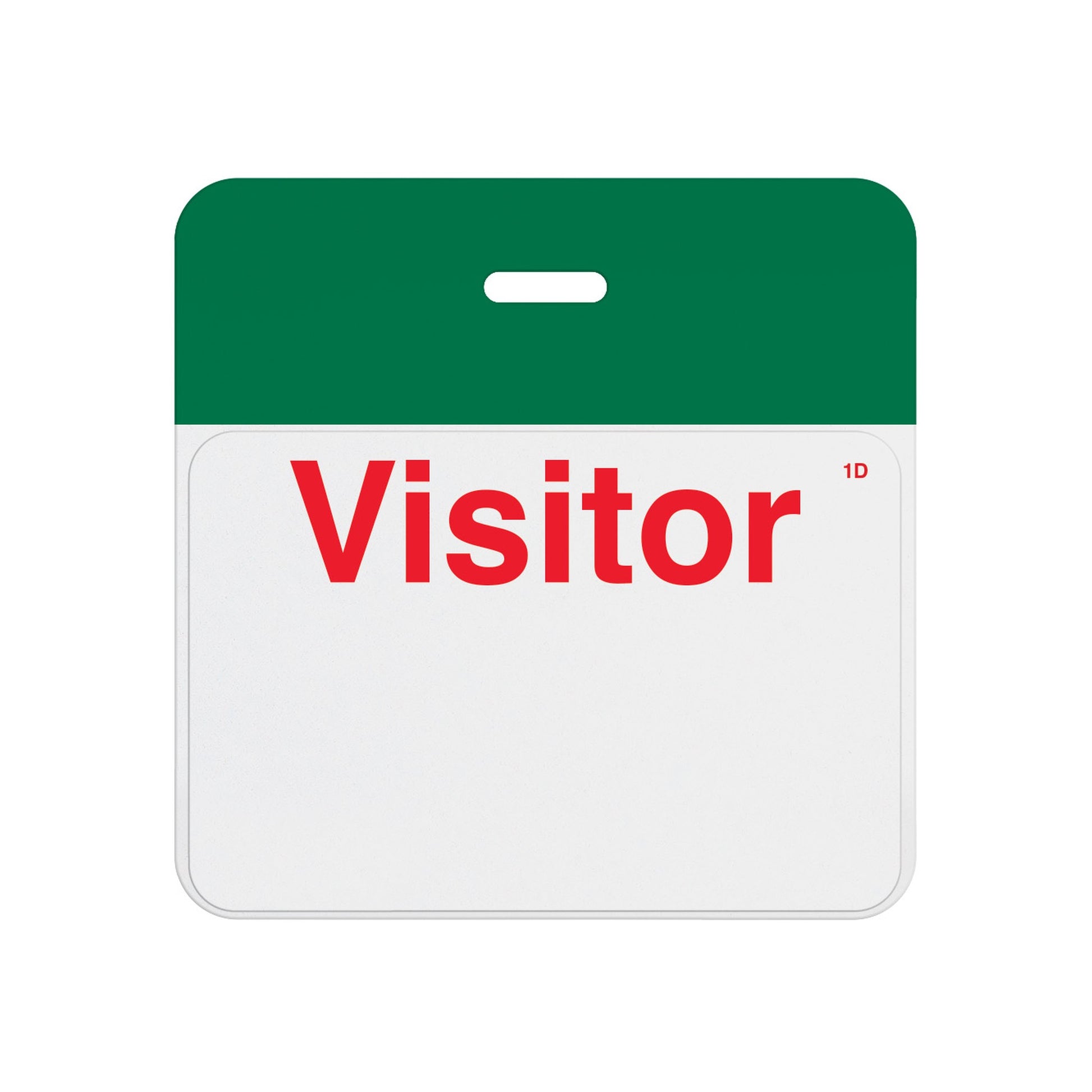 Valid self-expiring badge with green header bar and pre-printed red Visitor one-day front, T5905A back assembled with T6103 front