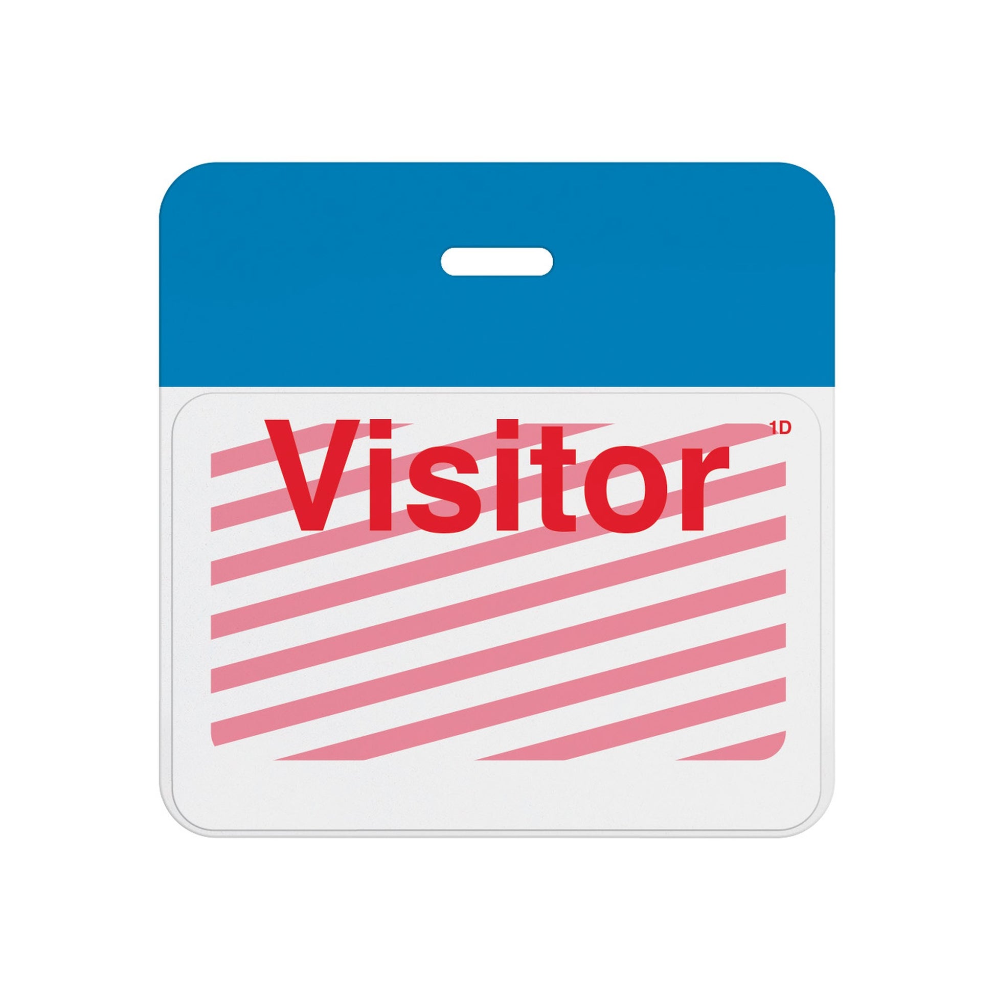 Expired self-expiring badge with process blue header bar showing red diagonal stripes across the printed Visitor front, T5906A back assembled with T6103 front