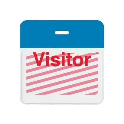 Expired self-expiring badge with process blue header bar showing red diagonal stripes across the printed Visitor front, T5906A back assembled with T6103 front