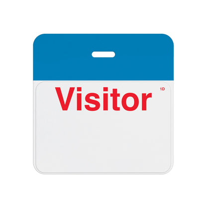 Valid self-expiring badge with process blue header bar and pre-printed red Visitor one-day front, T5906A back assembled with T6103 front