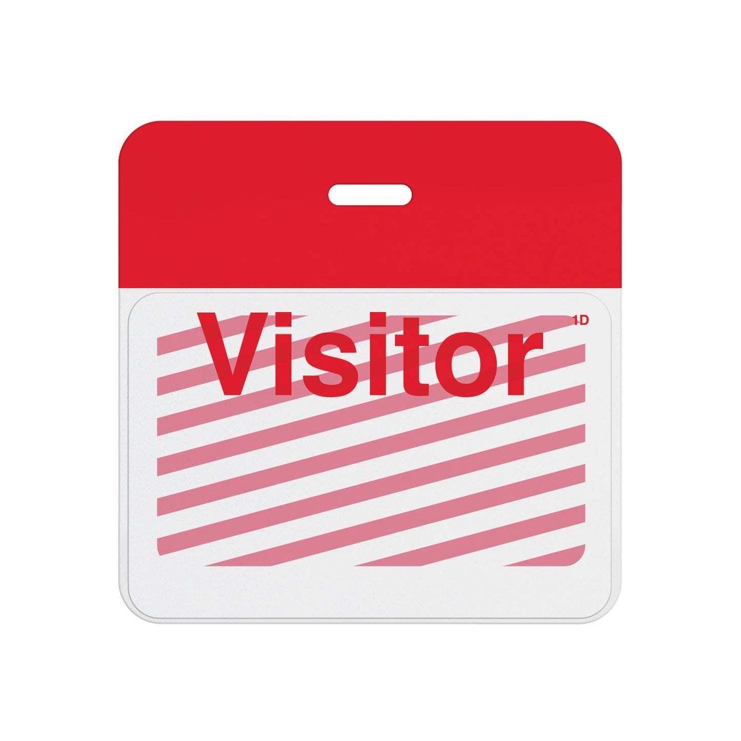 Expired self-expiring badge with red header bar showing red diagonal stripes across the printed Visitor front, T5903A back assembled with T6103 front