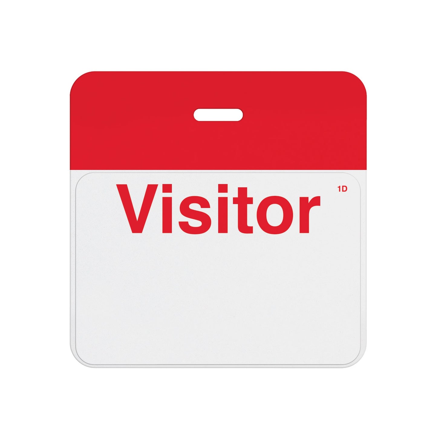 Valid self-expiring badge with red header bar and pre-printed red Visitor one-day front, T5903A back assembled with T6103 front