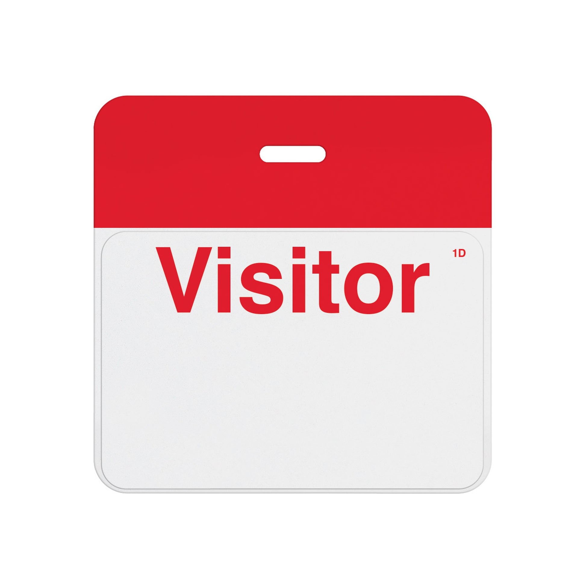 Valid self-expiring badge with red header bar and pre-printed red Visitor one-day front, T5903A back assembled with T6103 front