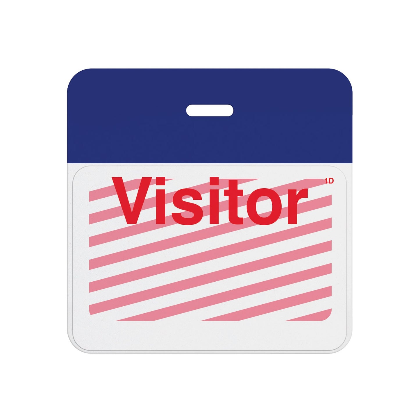 Expired self-expiring badge with reflex blue header bar showing red diagonal stripes across the printed Visitor front, T5904A back assembled with T6103 front