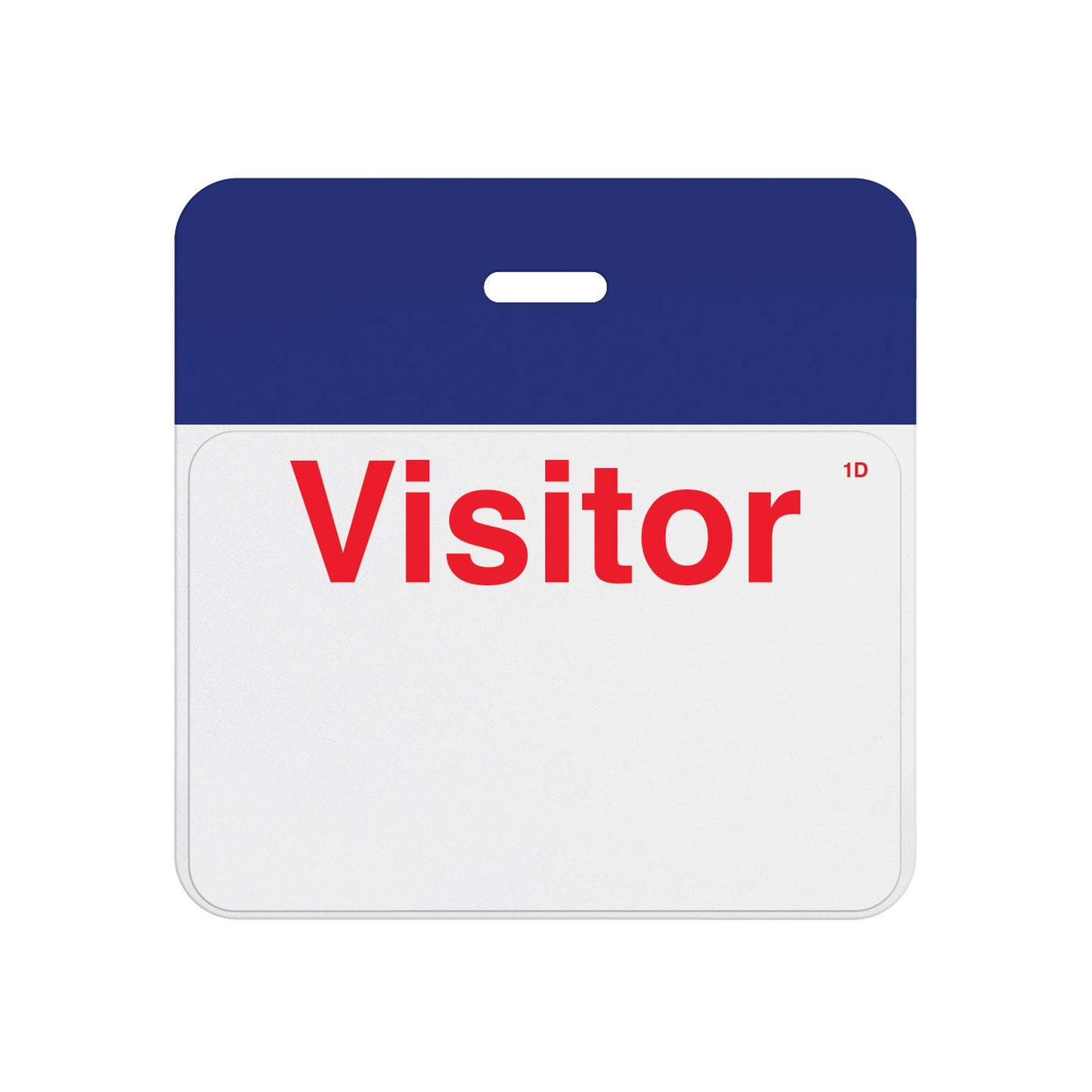 Valid self-expiring badge with reflex blue header bar and pre-printed red Visitor one-day front, T5904A back assembled with T6103 front