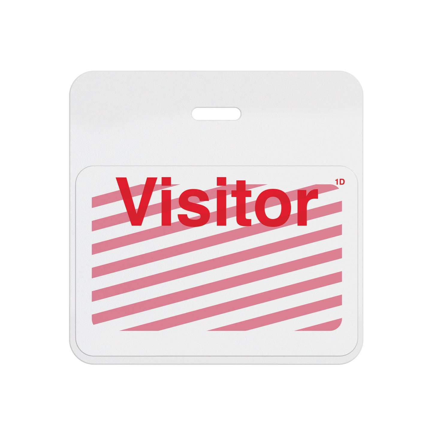 Expired self-expiring badge with white header showing red diagonal stripes across the printed Visitor front, T6027A back assembled with T6103 front