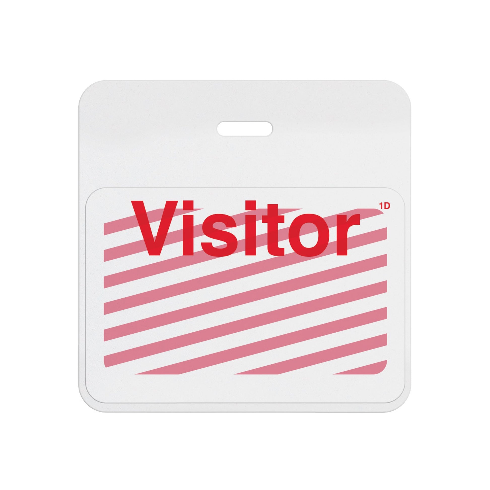 Expired self-expiring badge with white header showing red diagonal stripes across the printed Visitor front, T6027A back assembled with T6103 front