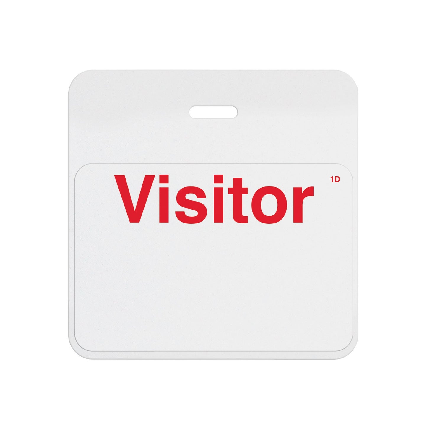 Valid self-expiring badge with white header and pre-printed red Visitor one-day front, T6027A back assembled with T6103 front