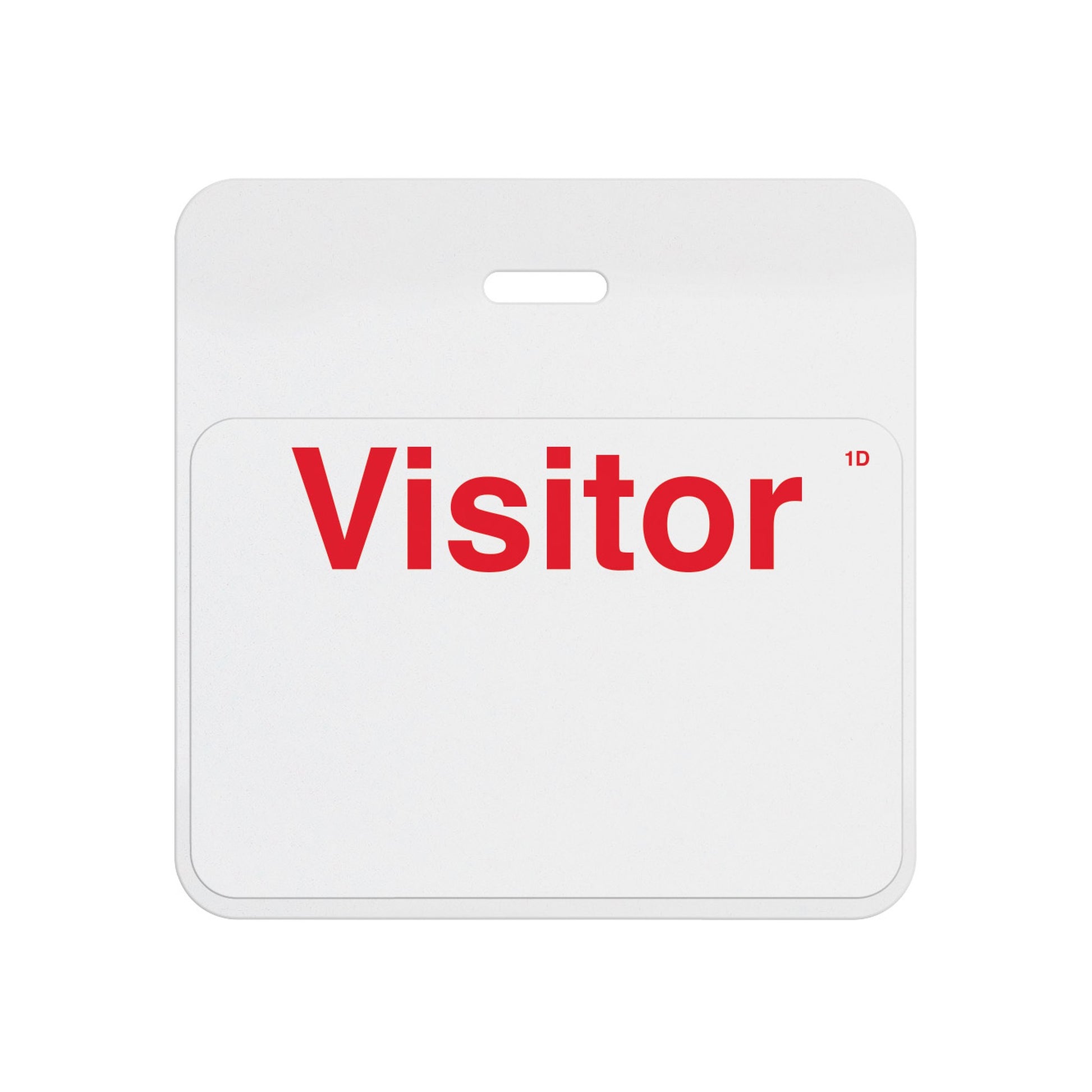 Valid self-expiring badge with white header and pre-printed red Visitor one-day front, T6027A back assembled with T6103 front