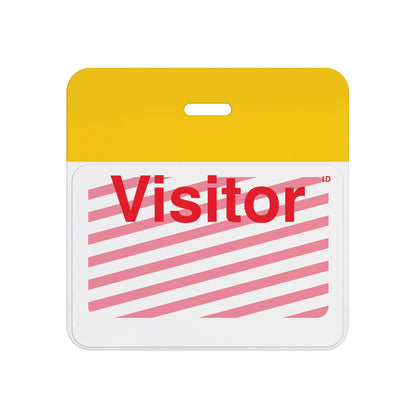 Expired self-expiring badge with yellow header bar showing red diagonal stripes across the printed Visitor front, T5902A back assembled with T6103 front