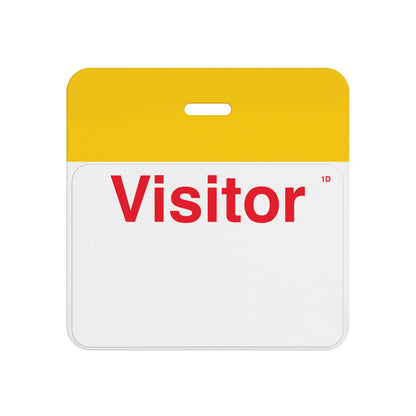 Valid self-expiring badge with yellow header bar and pre-printed red Visitor one-day front, T5902A back assembled with T6103 front