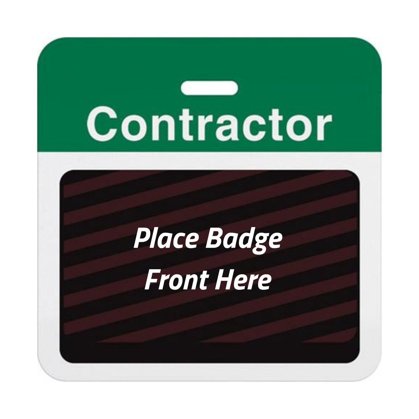 Self-expiring contractor badge back with green Contractor header bar, slot punch, and black backing printed Place Badge Front Here, part T5915A