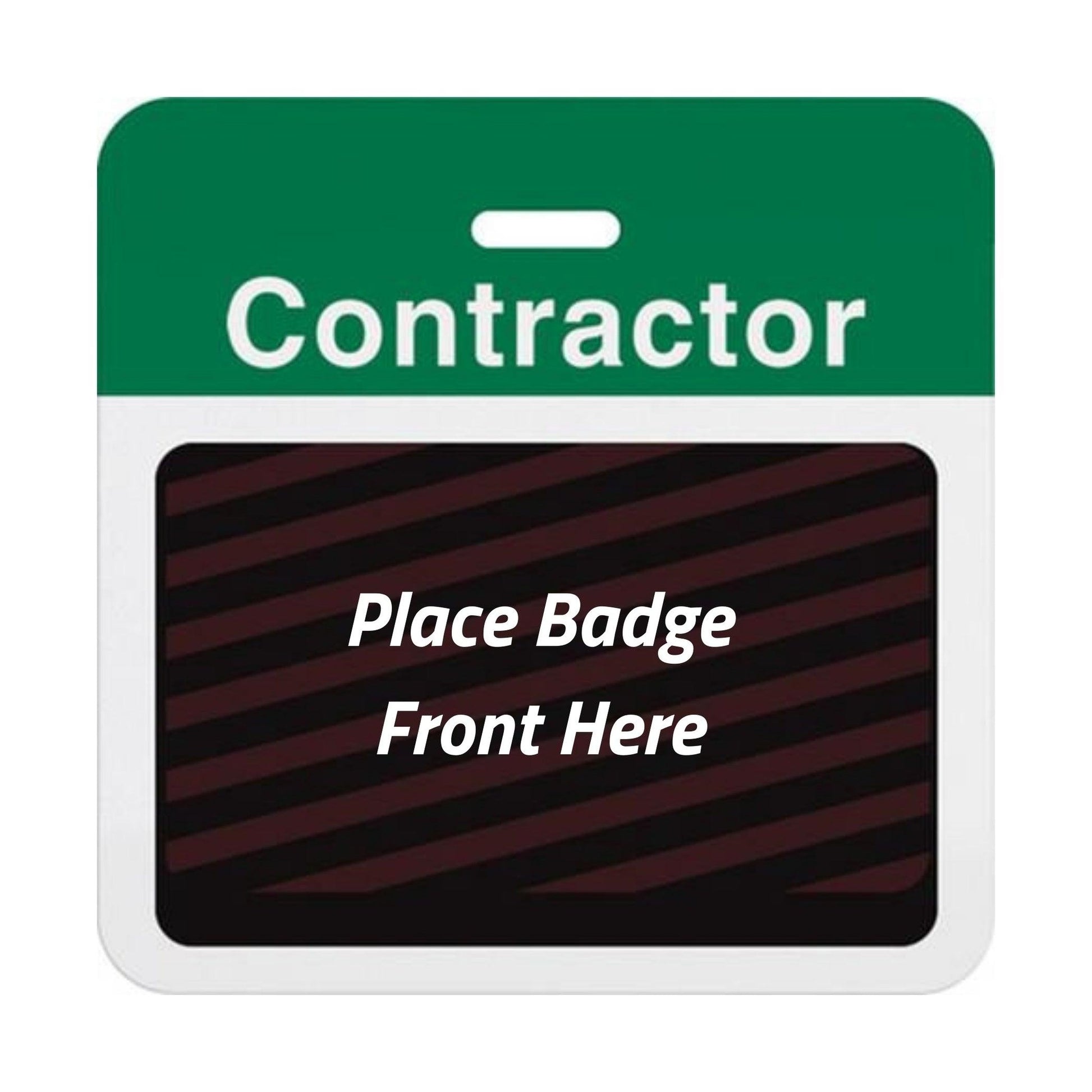 Self-expiring contractor badge back with green Contractor header bar, slot punch, and black backing printed Place Badge Front Here, part T5915A