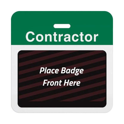 Self-expiring contractor badge back with green Contractor header bar, slot punch, and black backing printed Place Badge Front Here, part T5915A