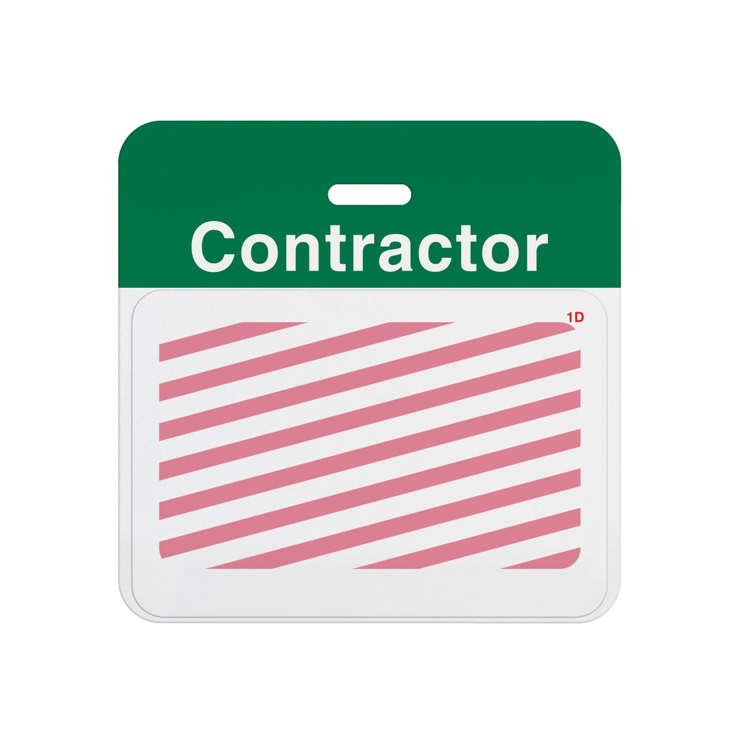 Expired self-expiring contractor badge showing red diagonal stripes across the white front, T5915A back assembled with T6151 one-day front