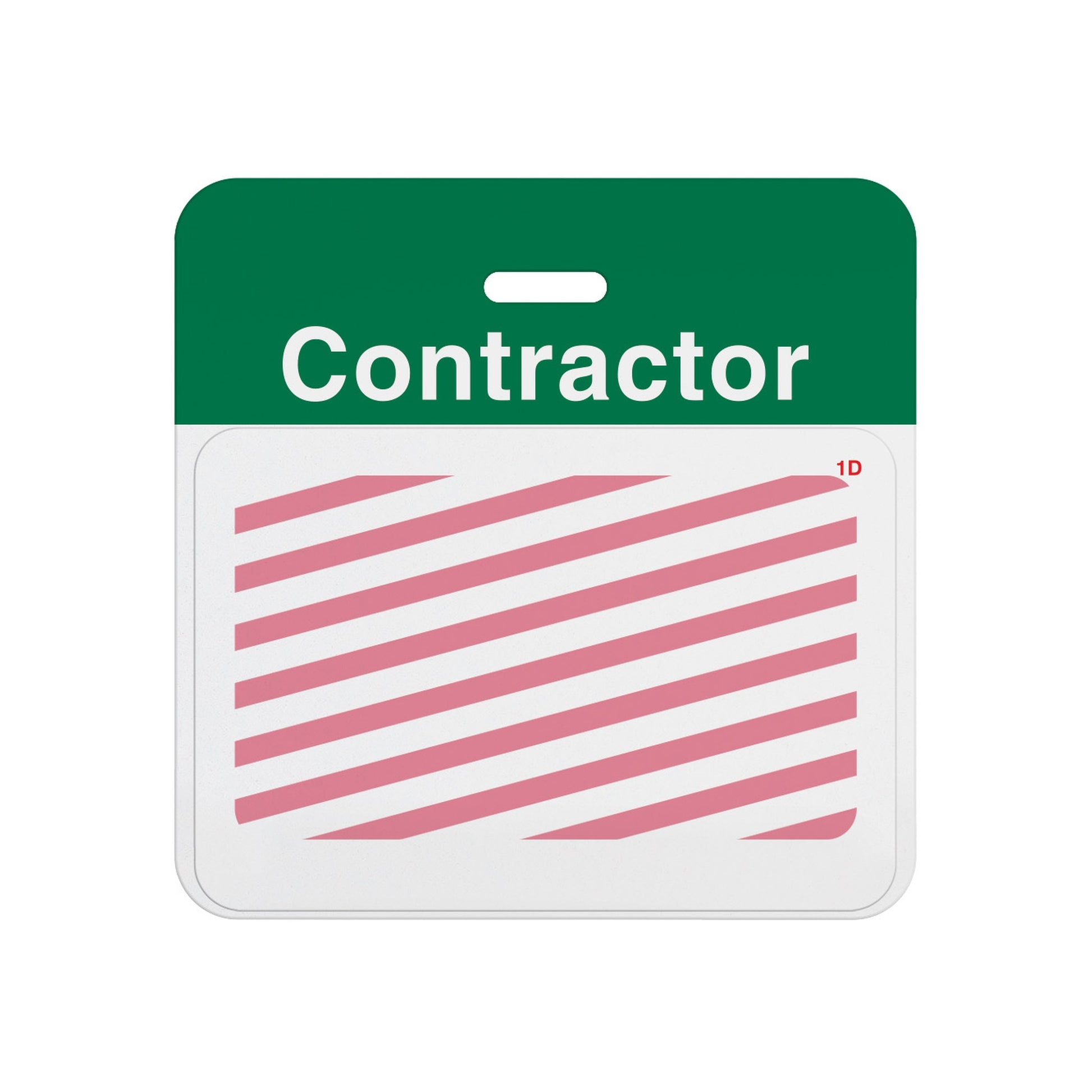 Expired self-expiring contractor badge showing red diagonal stripes across the white front, T5915A back assembled with T6151 one-day front