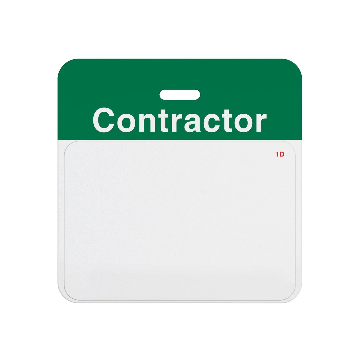 Valid self-expiring contractor badge with green CONTRACTOR header bar and blank white one-day front, T5915A back assembled with T6151 front