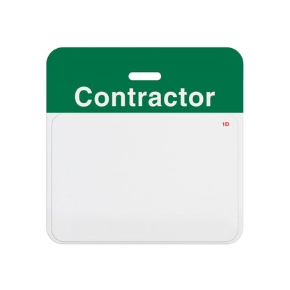 Valid self-expiring contractor badge with green CONTRACTOR header bar and blank white one-day front, T5915A back assembled with T6151 front