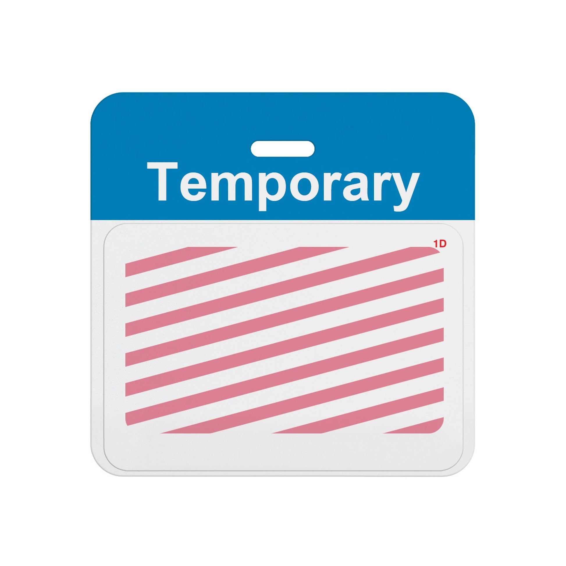 Expired self-expiring temporary badge showing red diagonal stripes across the white front, T5938A back assembled with T6151 one-day front