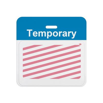 Expired self-expiring temporary badge showing red diagonal stripes across the white front, T5938A back assembled with T6151 one-day front