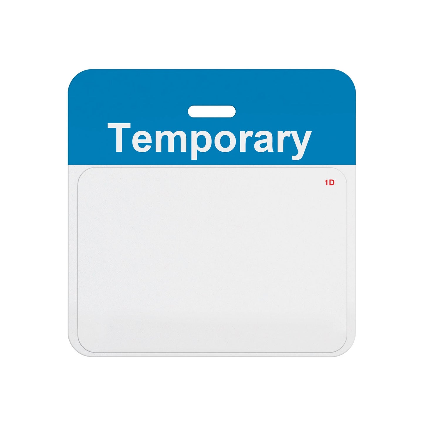 Valid self-expiring temporary badge with blue TEMPORARY header bar and blank white one-day front, T5938A back assembled with T6151 front