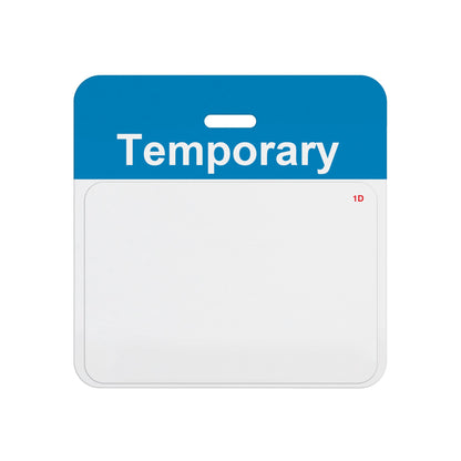 Valid self-expiring temporary badge with blue TEMPORARY header bar and blank white one-day front, T5938A back assembled with T6151 front