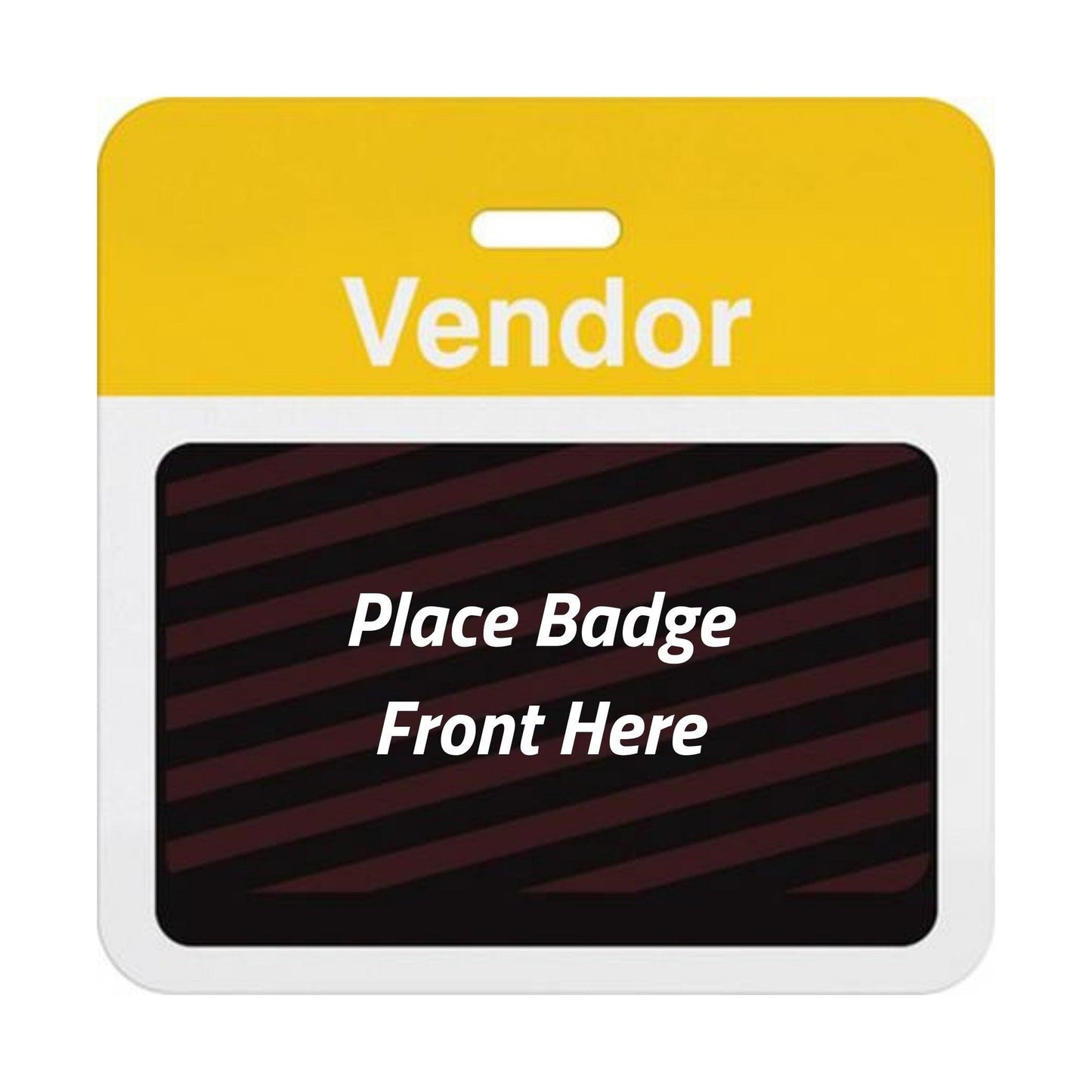 Self-expiring vendor badge back with yellow Vendor header bar, slot punch, and black backing printed Place Badge Front Here, part T5937A