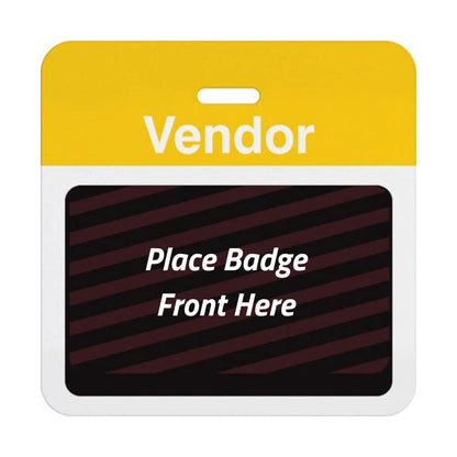 Self-expiring vendor badge back with yellow Vendor header bar, slot punch, and black backing printed Place Badge Front Here, part T5937A